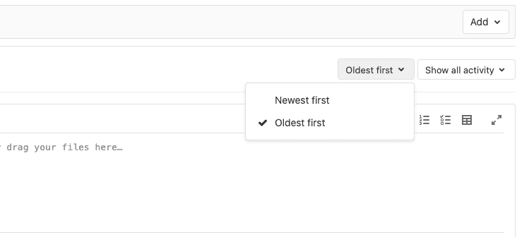 Issue activity sort order dropdown button