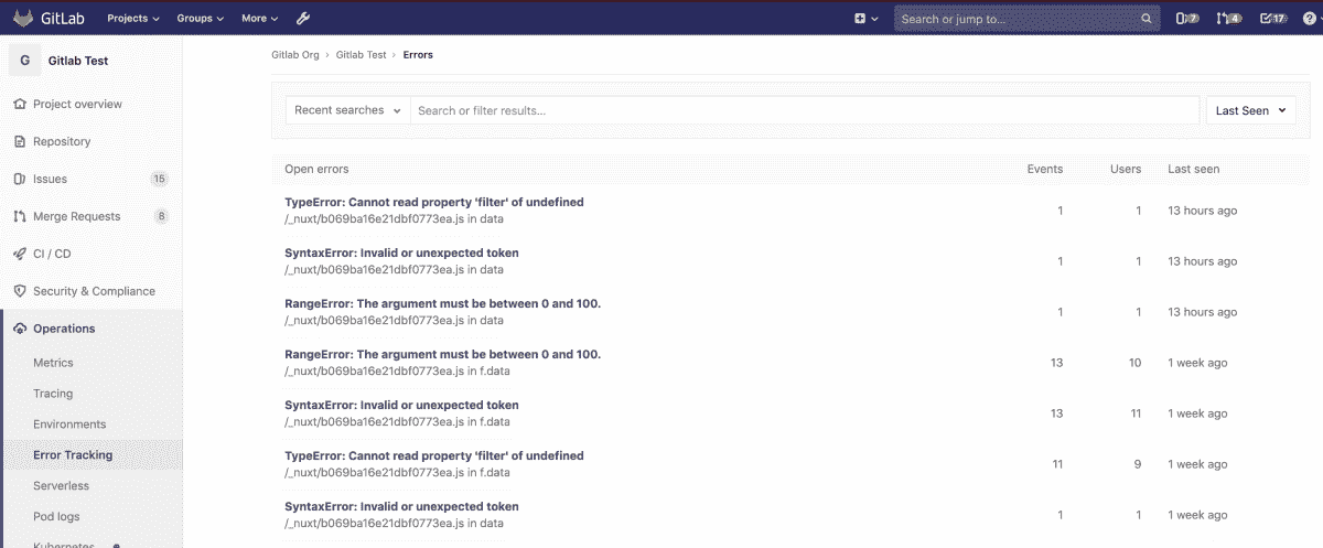 Error Tracking list