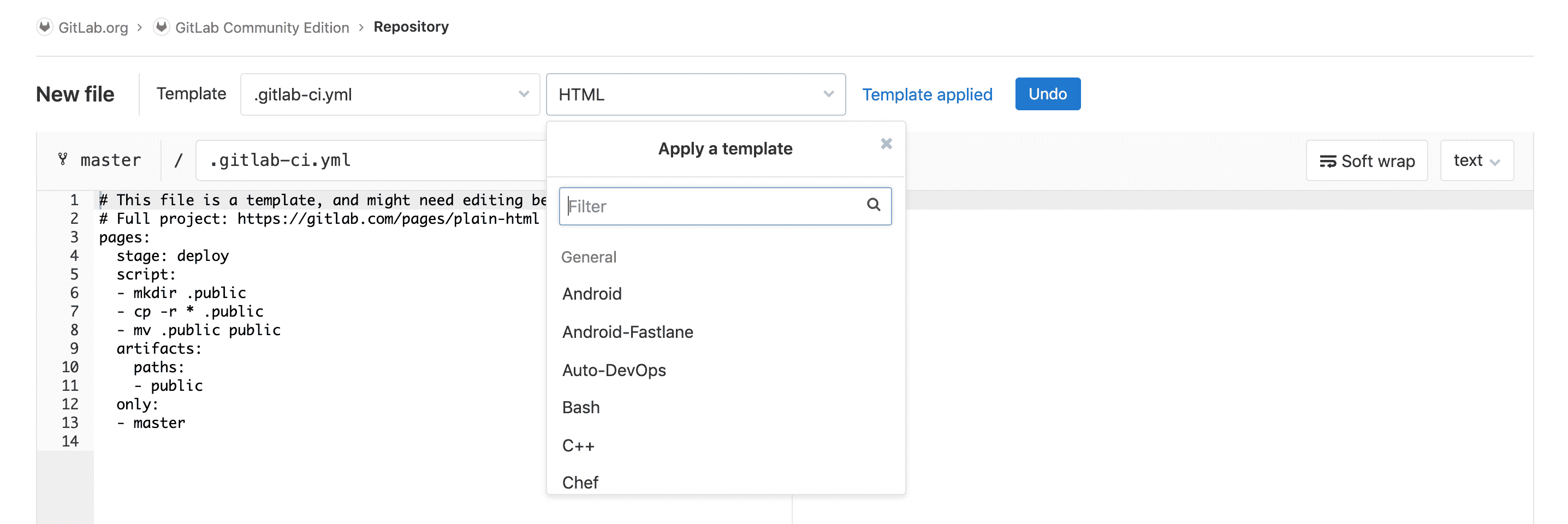 Use a `.gitlab-ci.yml` template