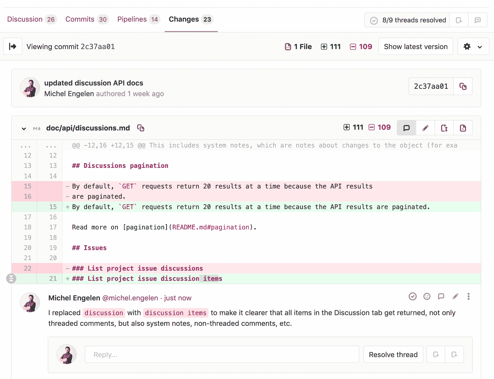 Commit diff discussion in merge request context